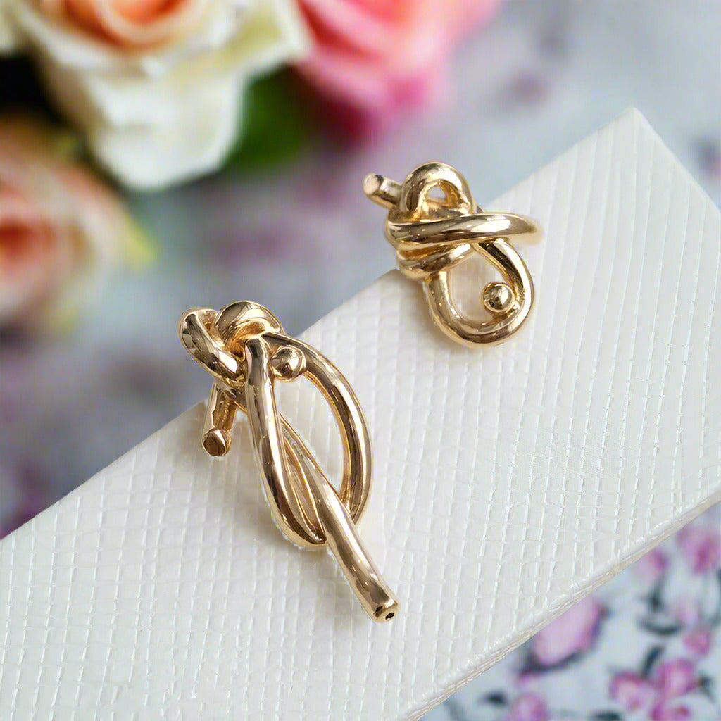 18k Yellow Gold Simple Knot Earrings-Black Diamonds New York