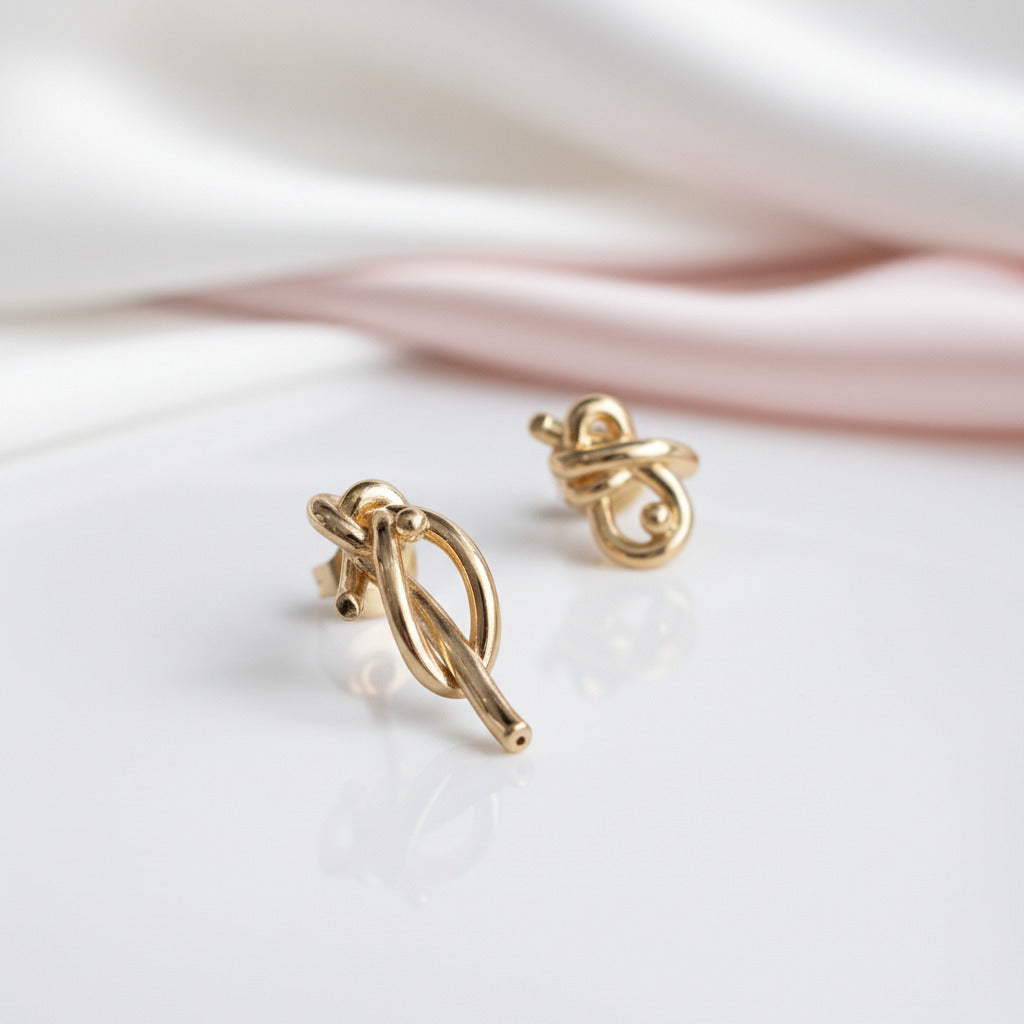 18k Yellow Gold Simple Knot Earrings-Black Diamonds New York