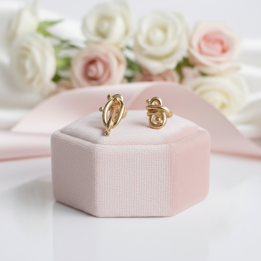 18k Yellow Gold Simple Knot Earrings-Black Diamonds New York