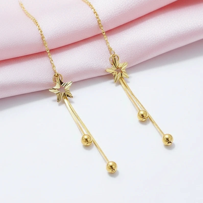 18k Yellow Gold Star Tassel Drop Earrings-Black Diamonds New York