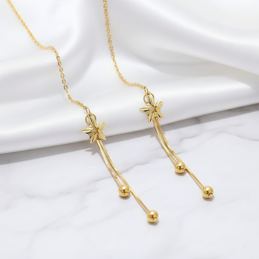 18k Yellow Gold Star Tassel Drop Earrings-Black Diamonds New York