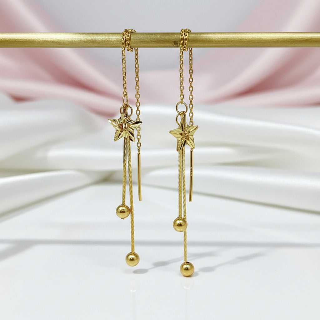 18k Yellow Gold Star Tassel Drop Earrings-Black Diamonds New York