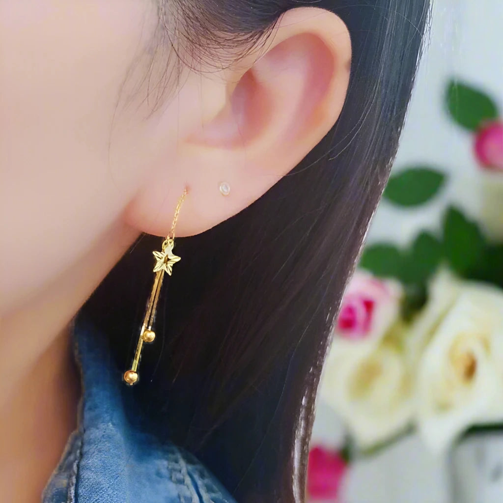 18k Yellow Gold Star Tassel Drop Earrings-Black Diamonds New York