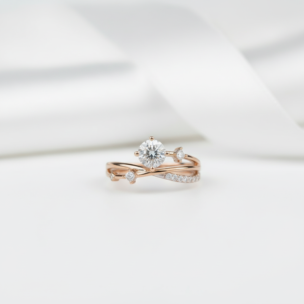 18K Dainty Round Cut Diamond Branch Design Engagement Ring