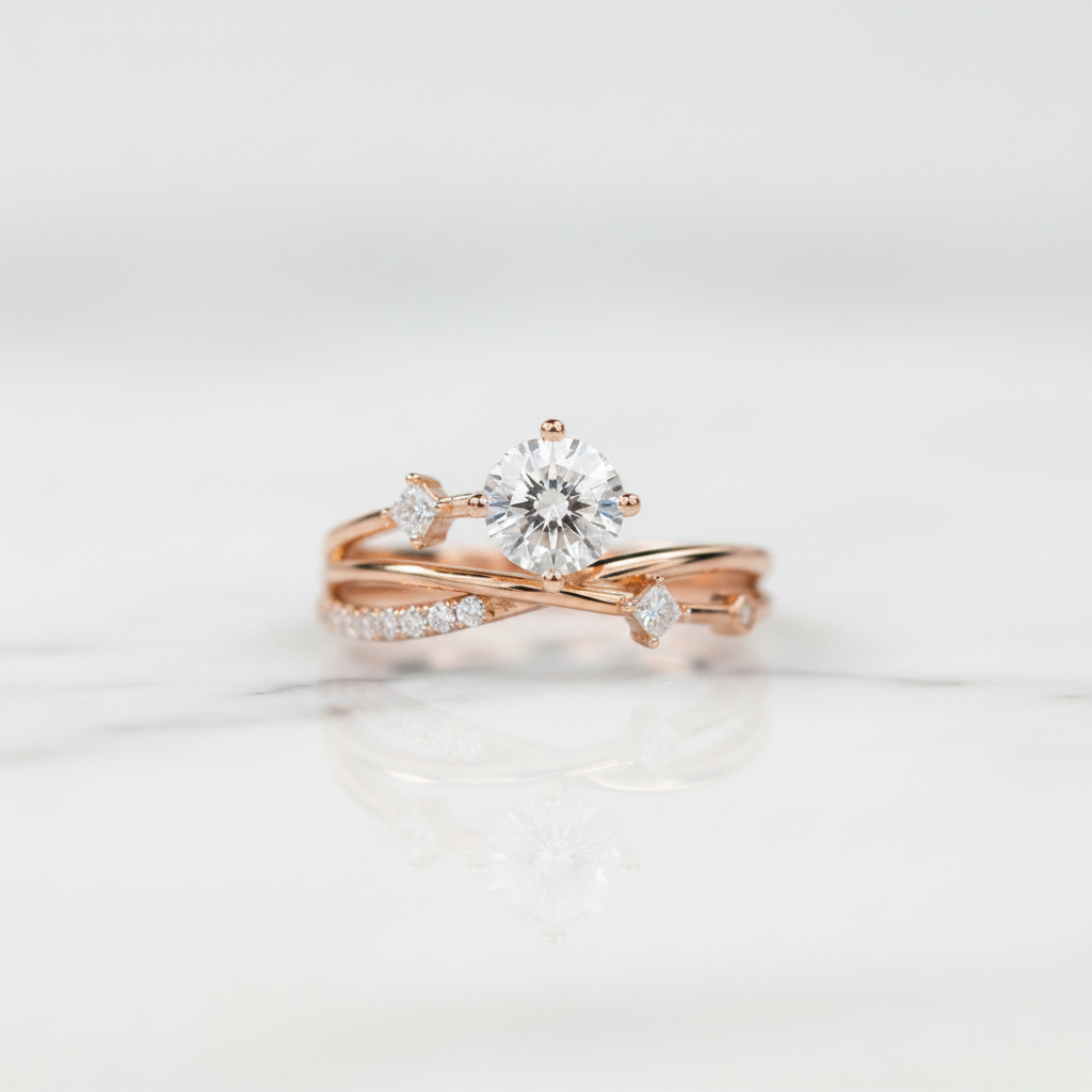 18K Dainty Round Cut Diamond Option Branch Design Engagement Ring-Black Diamonds New York