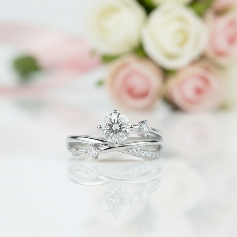 18K Dainty Round Cut Diamond Branch Design Engagement Ring