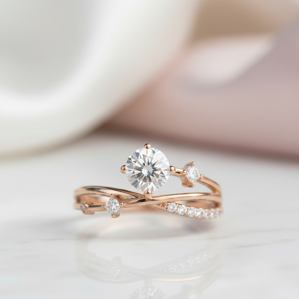 18K Dainty Round Cut Diamond Option Branch Design Engagement Ring-Black Diamonds New York