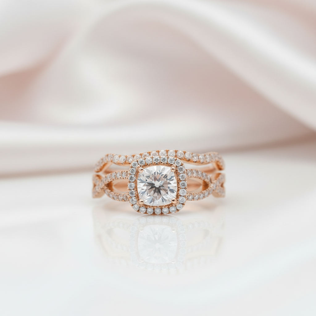 18K Rose Gold Cushion Cut 1.0 Ct Diamond Option Halo Engagement Ring-Black Diamonds New York