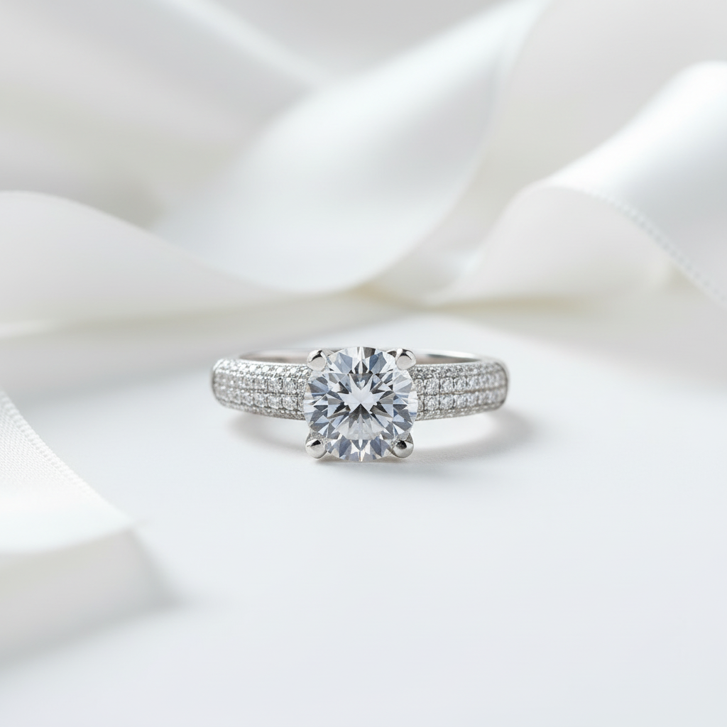 Diamond ring on a white satin background