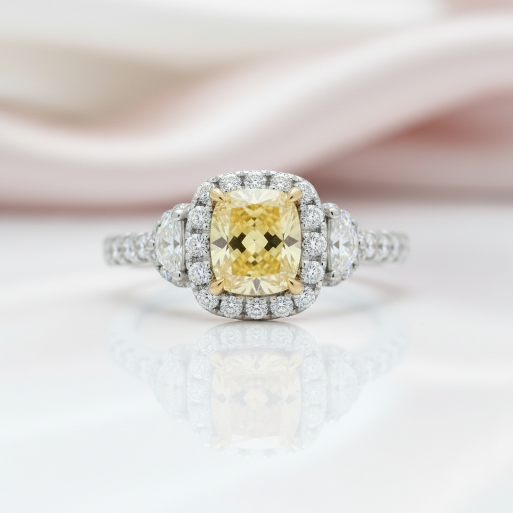 18k White Gold Cushion Cut Yellow Diamond Engagement Ring-Black Diamonds New York