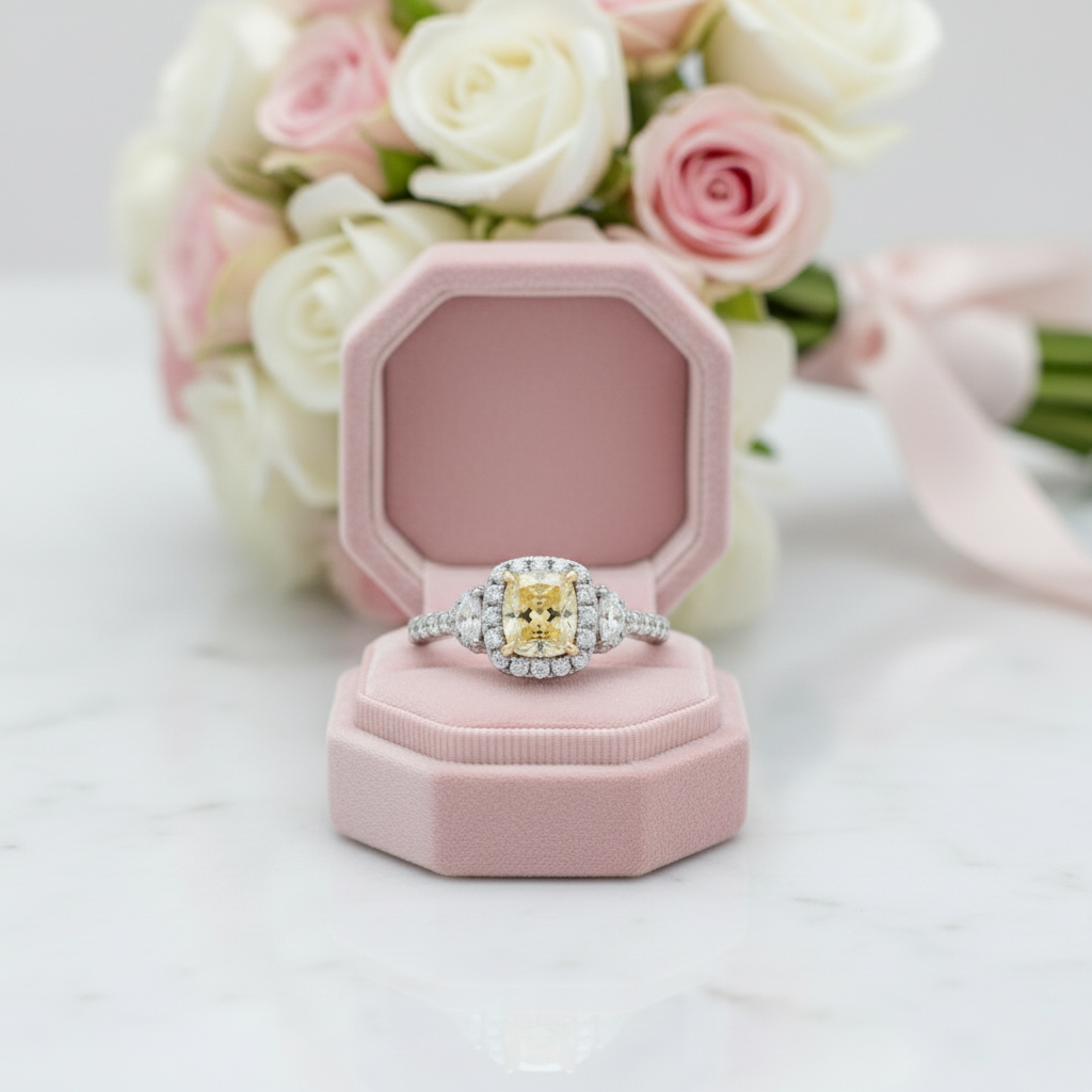 18k White Gold Cushion Cut Yellow Diamond Option Engagement Ring-Black Diamonds New York
