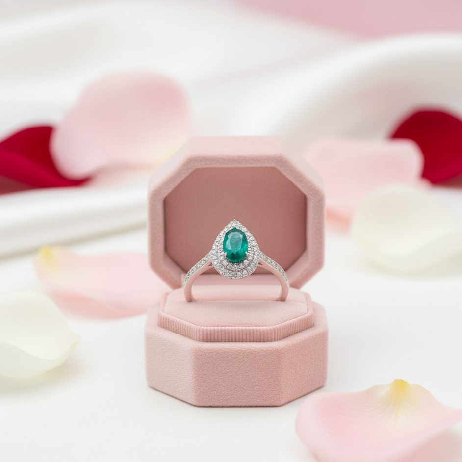 18k White Gold Pear Cut Emerald Double Halo Engagement Ring-Black Diamonds New York