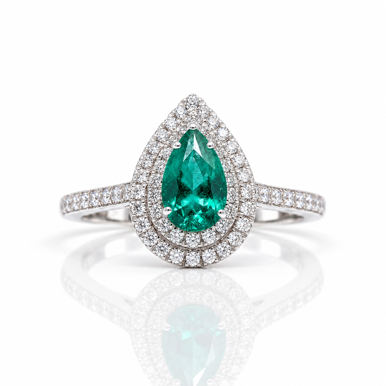 18k White Gold Pear Cut Emerald Double Halo Engagement Ring-Black Diamonds New York