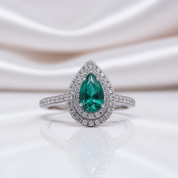 18k White Gold Pear Cut Emerald Double Halo Engagement Ring-Black Diamonds New York