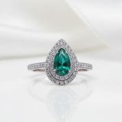 18k White Gold Pear Cut Emerald Double Halo Engagement Ring-Black Diamonds New York