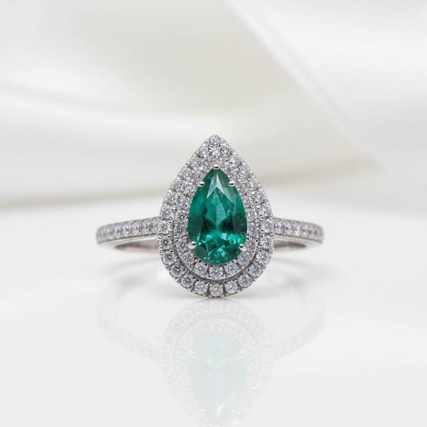 18k White Gold Pear Cut Emerald Double Halo Engagement Ring-Black Diamonds New York