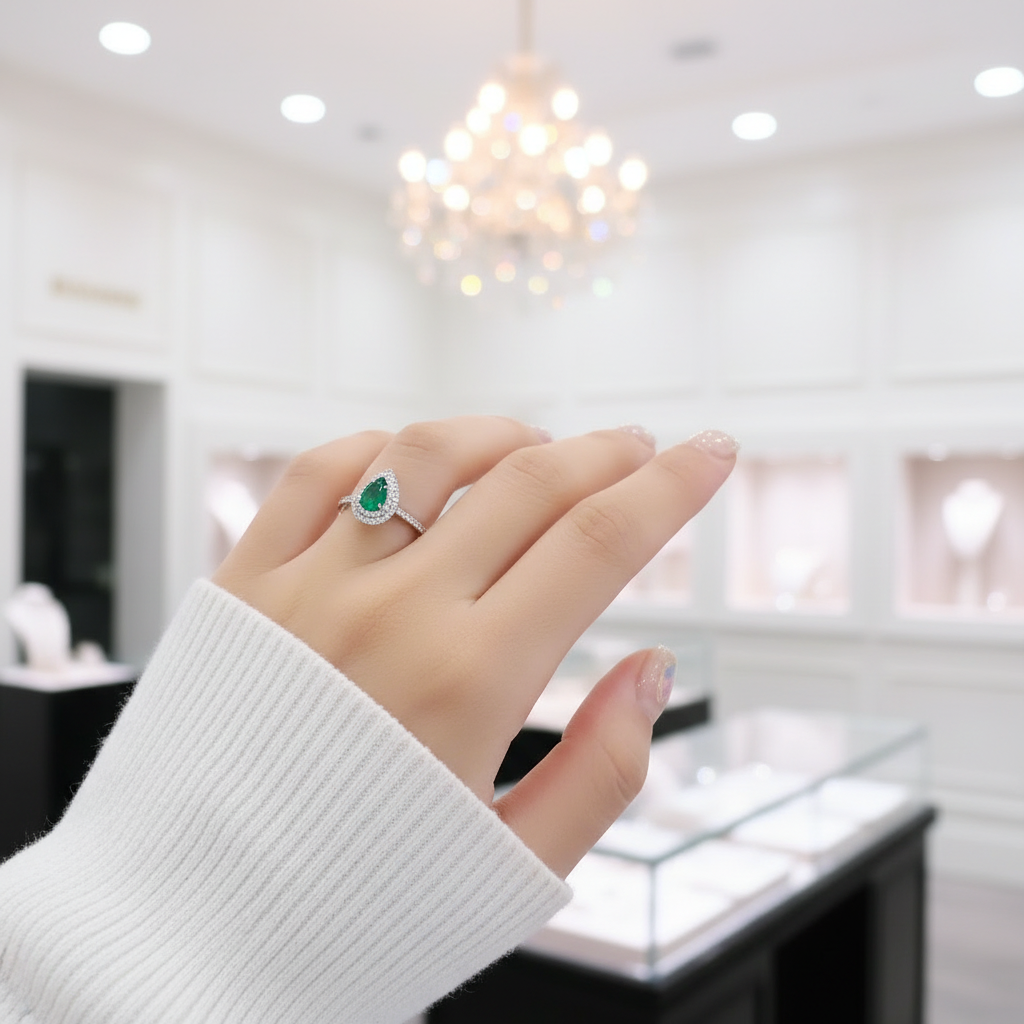 18k White Gold Pear Cut Emerald Double Halo Engagement Ring-Black Diamonds New York