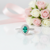 18k White Gold Pear Cut Emerald Double Halo Engagement Ring-Black Diamonds New York