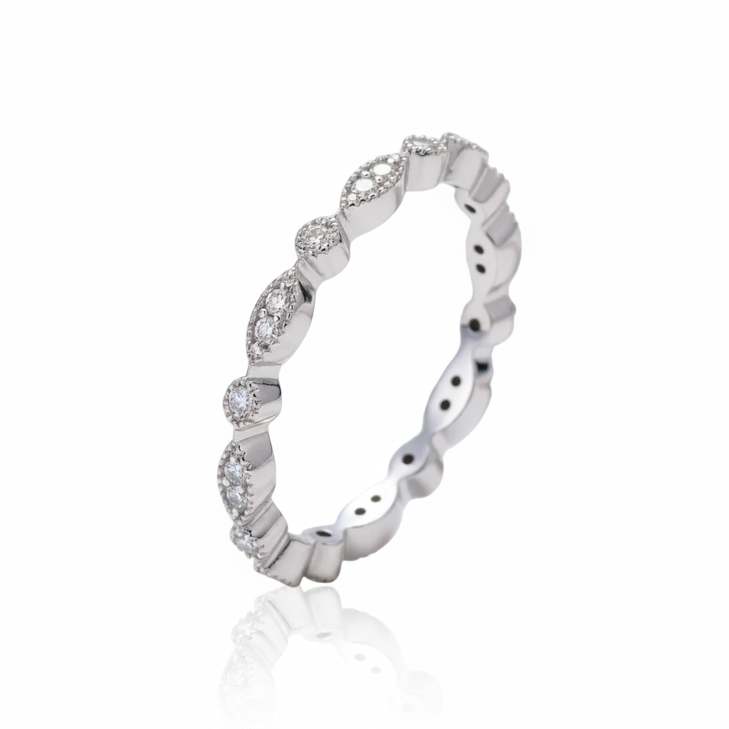 18k White Gold Round Diamond Option Antique Milgrain Option Eternity Ring Band-Black Diamonds New York