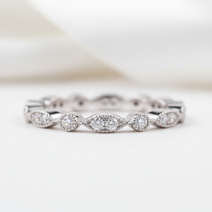 18k White Gold Round Diamond Option Antique Milgrain Option Eternity Ring Band-Black Diamonds New York