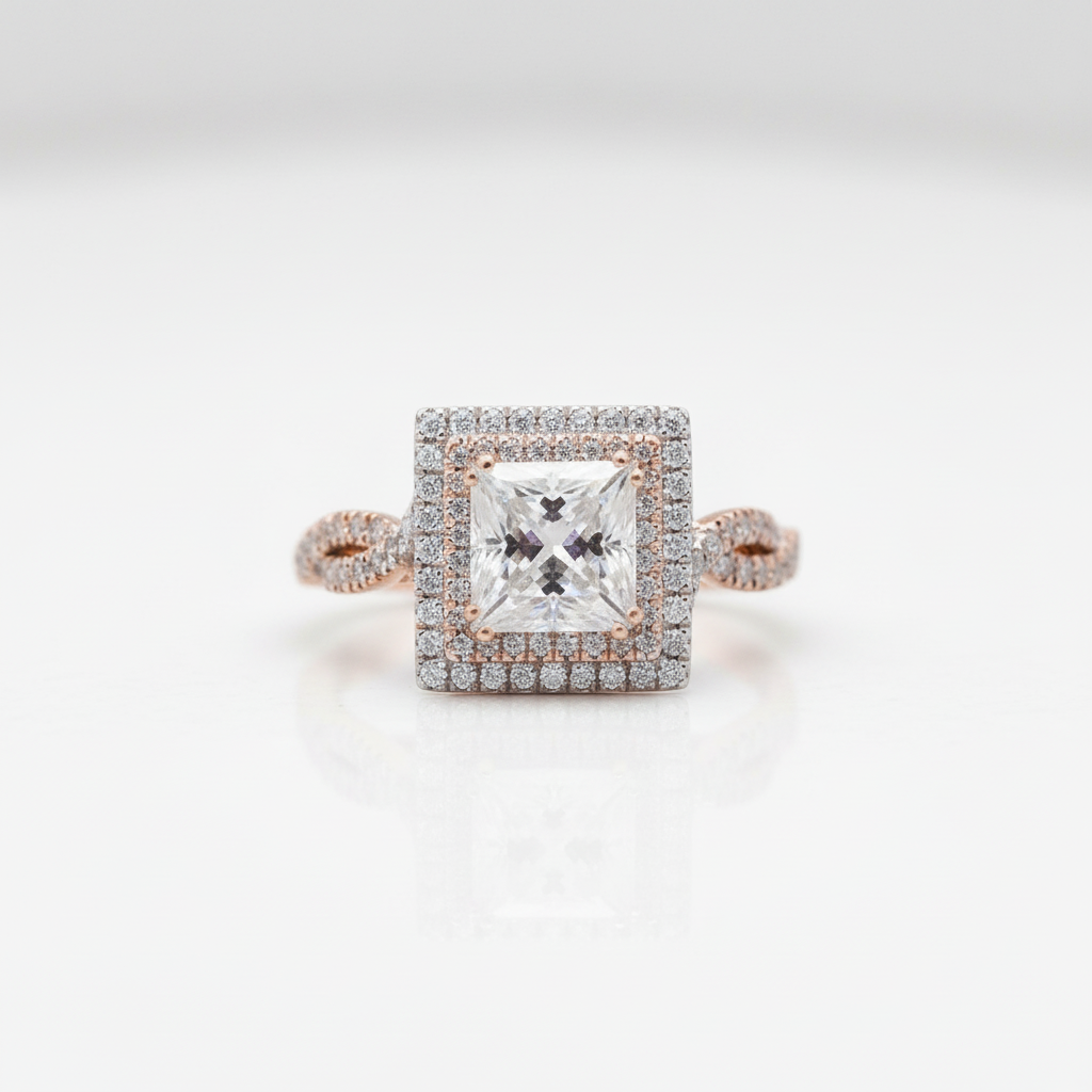 18k White and Rose Gold 2.5 Ct Princess Diamond Option Halo Engagement Ring-Black Diamonds New York