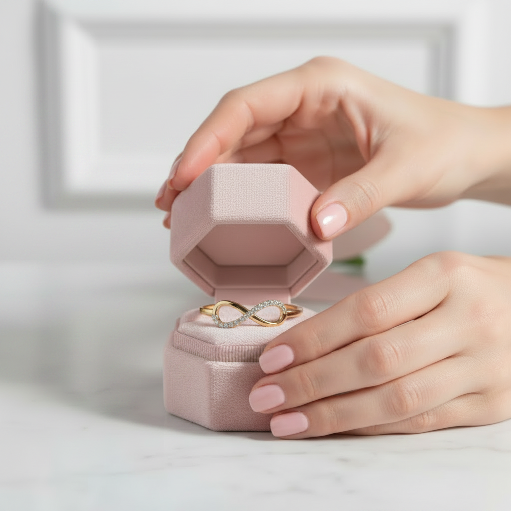 A pair of hands with light pink manicured nails holds open a small hexagonal dusty pink ring box, revealing two gold rings inside, one with a curved band and the other with a diamond-encrusted infinity-style band, set on a white marble surface.