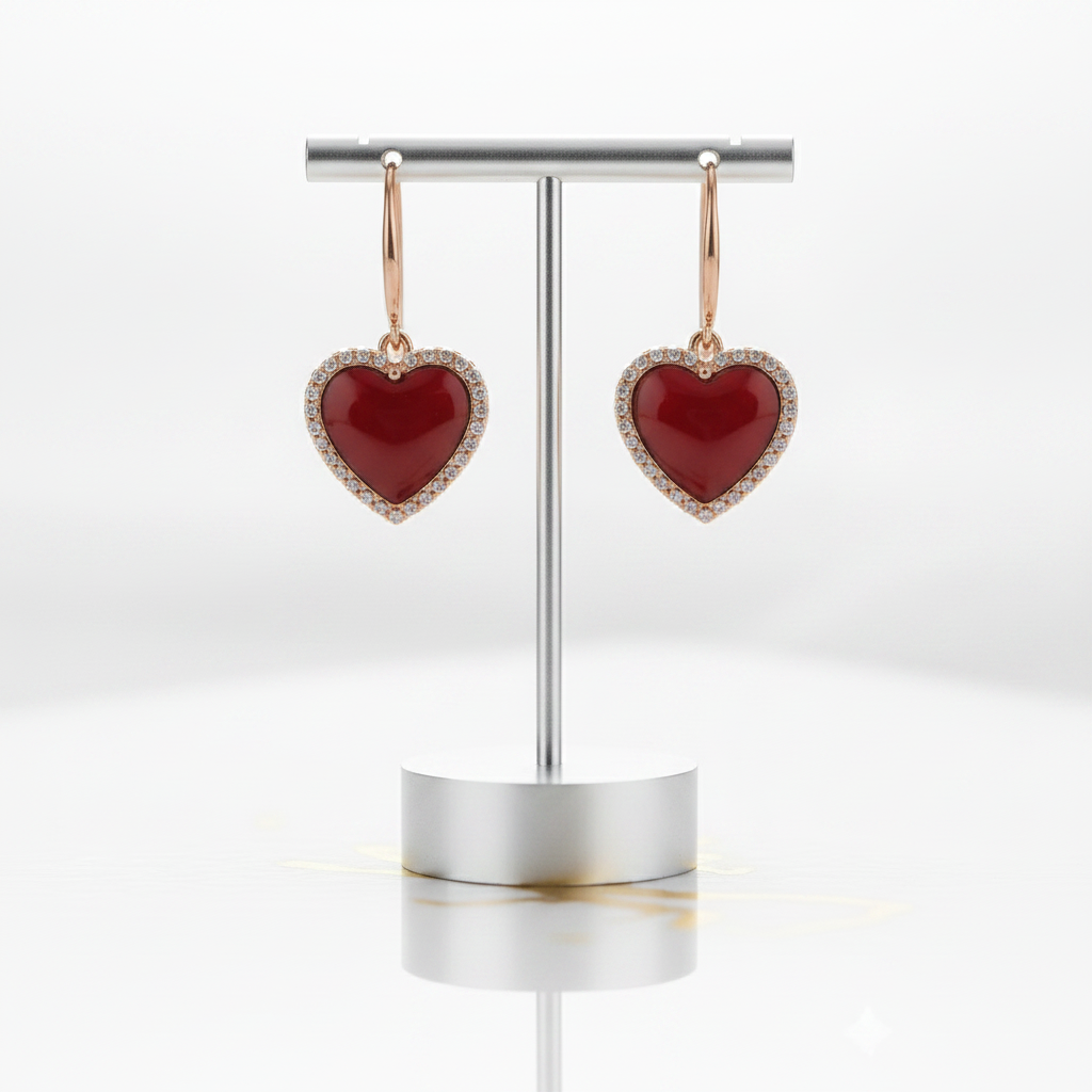18k Yellow Gold Natural Red Agate Heart Drop Earrings-Black Diamonds New York