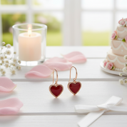 18k Yellow Gold Natural Red Agate Heart Drop Earrings-Black Diamonds New York