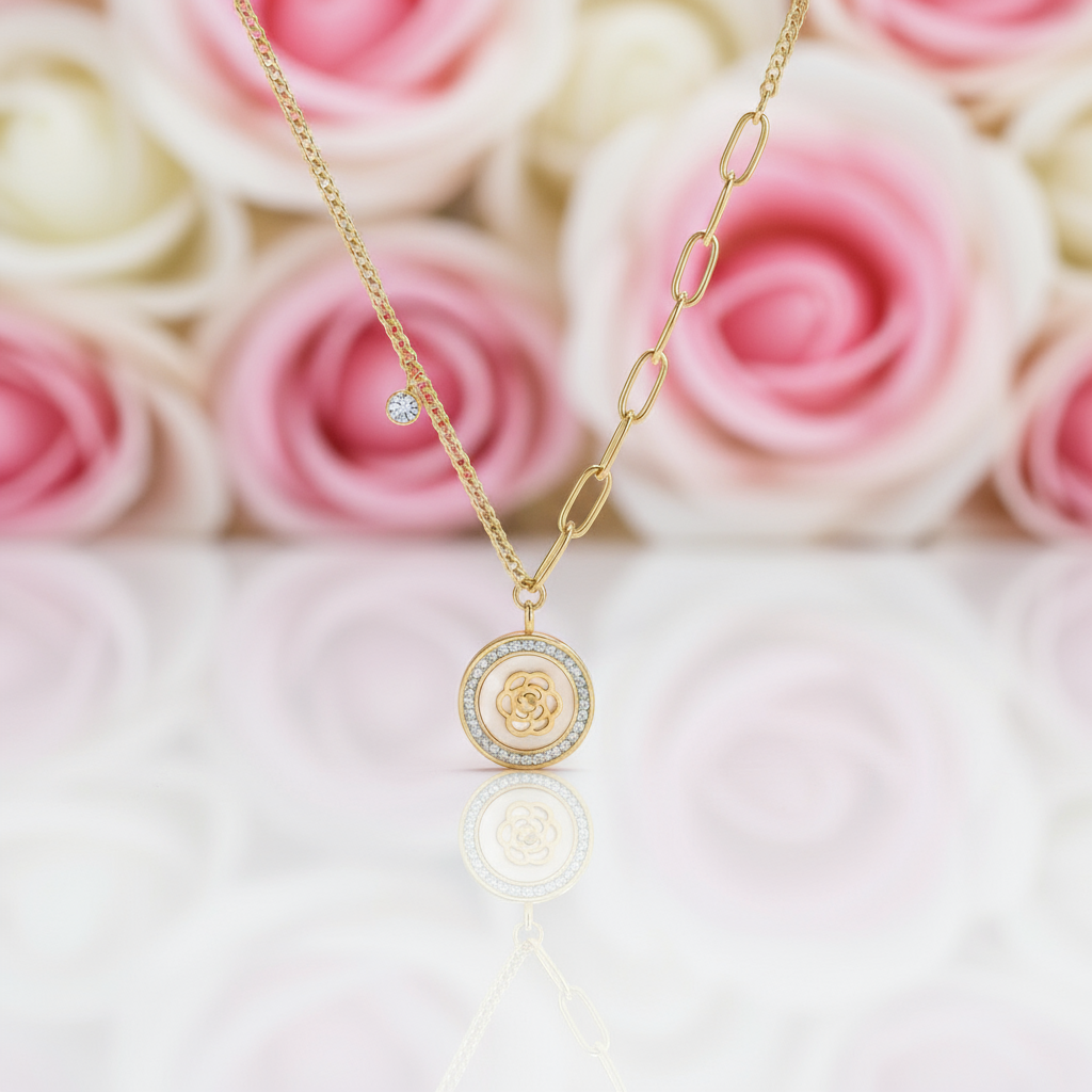 18k Yellow Gold Rose in a Shell Pendant Necklace-Black Diamonds New York