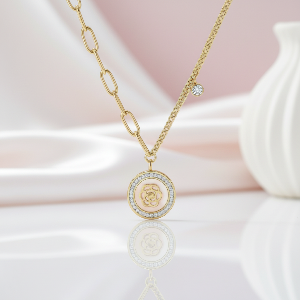18k Yellow Gold Rose in a Shell Pendant Necklace-Black Diamonds New York