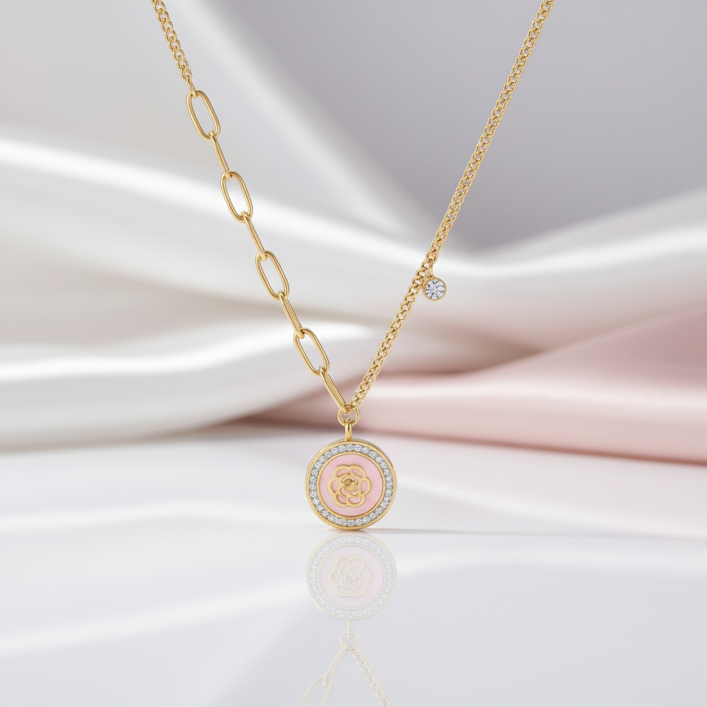 18k Yellow Gold Rose in a Shell Pendant Necklace-Black Diamonds New York