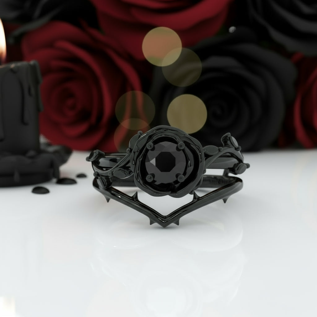 Black Rose- .50ct Round Cut Diamond 14k Gold Modern Goth Engagement Ring-Black Diamonds New York