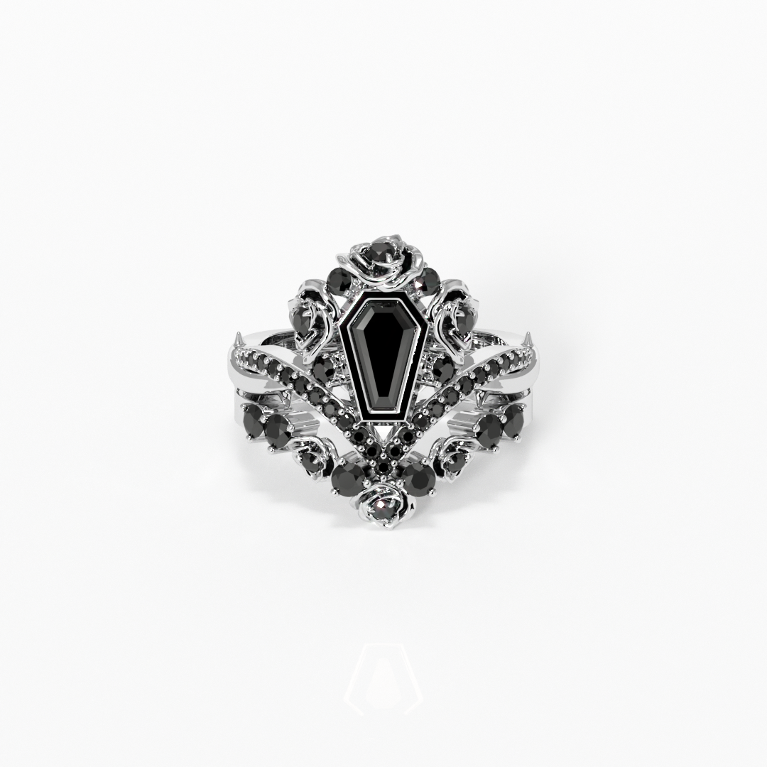 Gothic Romance Wedding Rings- Coffin Cut Diamond with Black Roses in  14k White Gold Band with Thorns