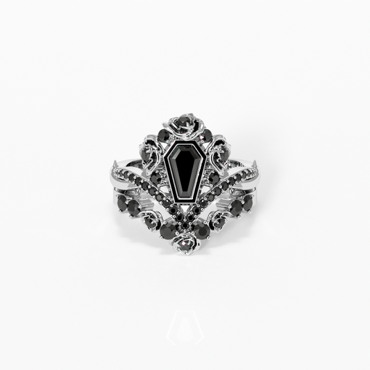 Gothic Romance Wedding Rings- Coffin Cut Diamond with Black Roses in  14k White Gold Band with Thorns