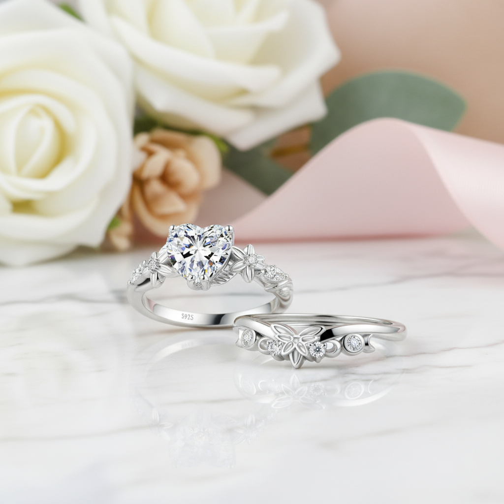 Heart Shaped Moss Agate Engagement Ring Set-Black Diamonds New York