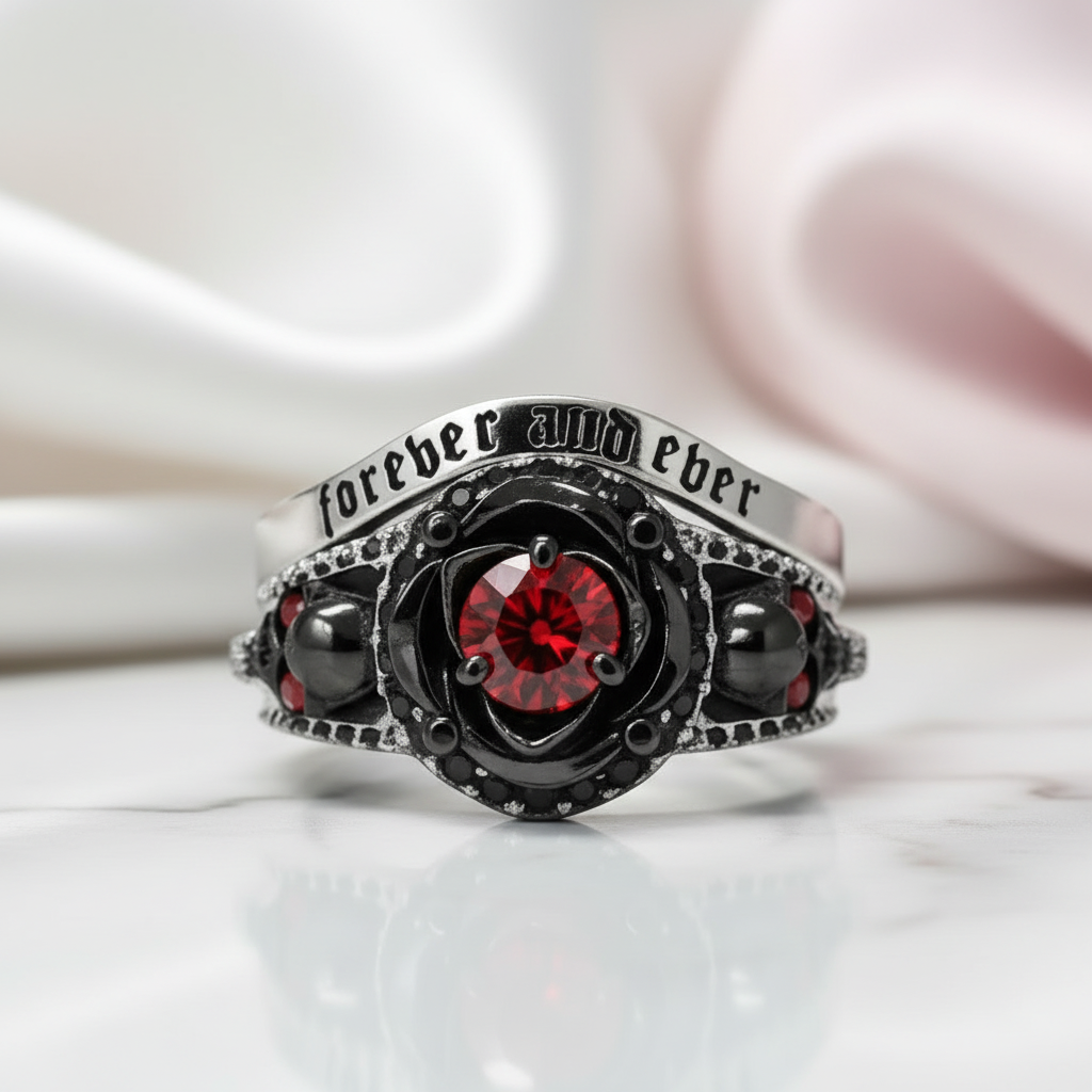 Forever And Ever Wedding Rings- 14k Rose Gold with Skulls-Black Diamonds New York