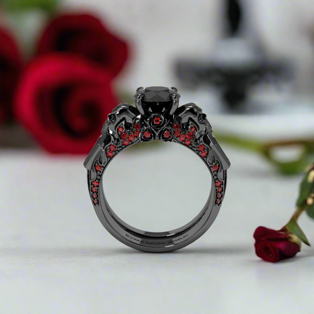 Eternal Flame- Round Cut Diamond Coffin Wedding Ring Set-Black Diamonds New York