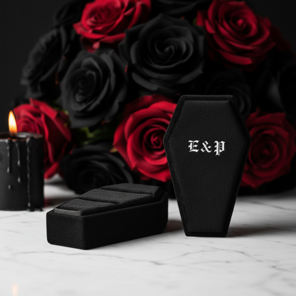 Married Till Buried Personalized Coffin Ring Box-Black Diamonds New York