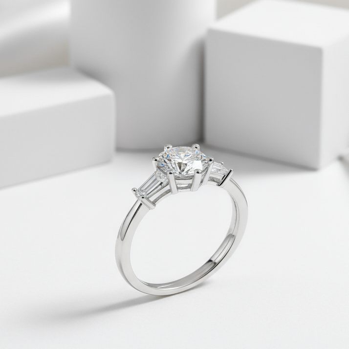 1Ct D Color Round Diamond W/ Tapered Baguette Engagement Ring-Black Diamonds New York