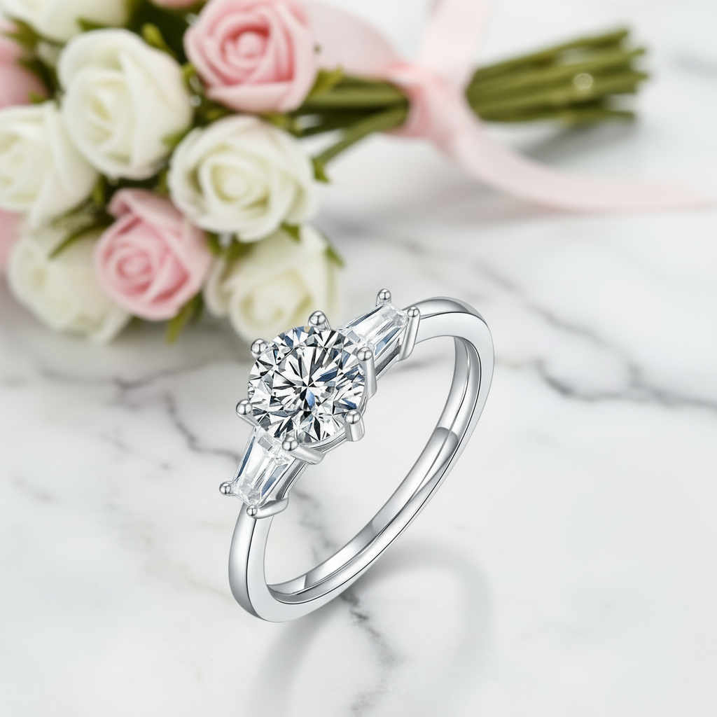 1Ct D Color Round Diamond Option W/ Tapered Baguette Engagement Ring-Black Diamonds New York