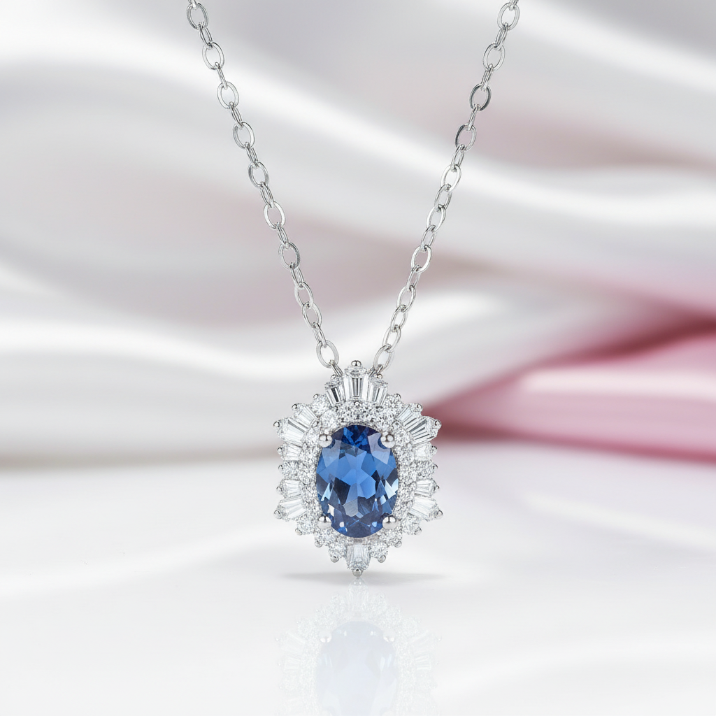 1.0 Ct Oval Cut Lab Alexandrite Pendant Necklace-Black Diamonds New York