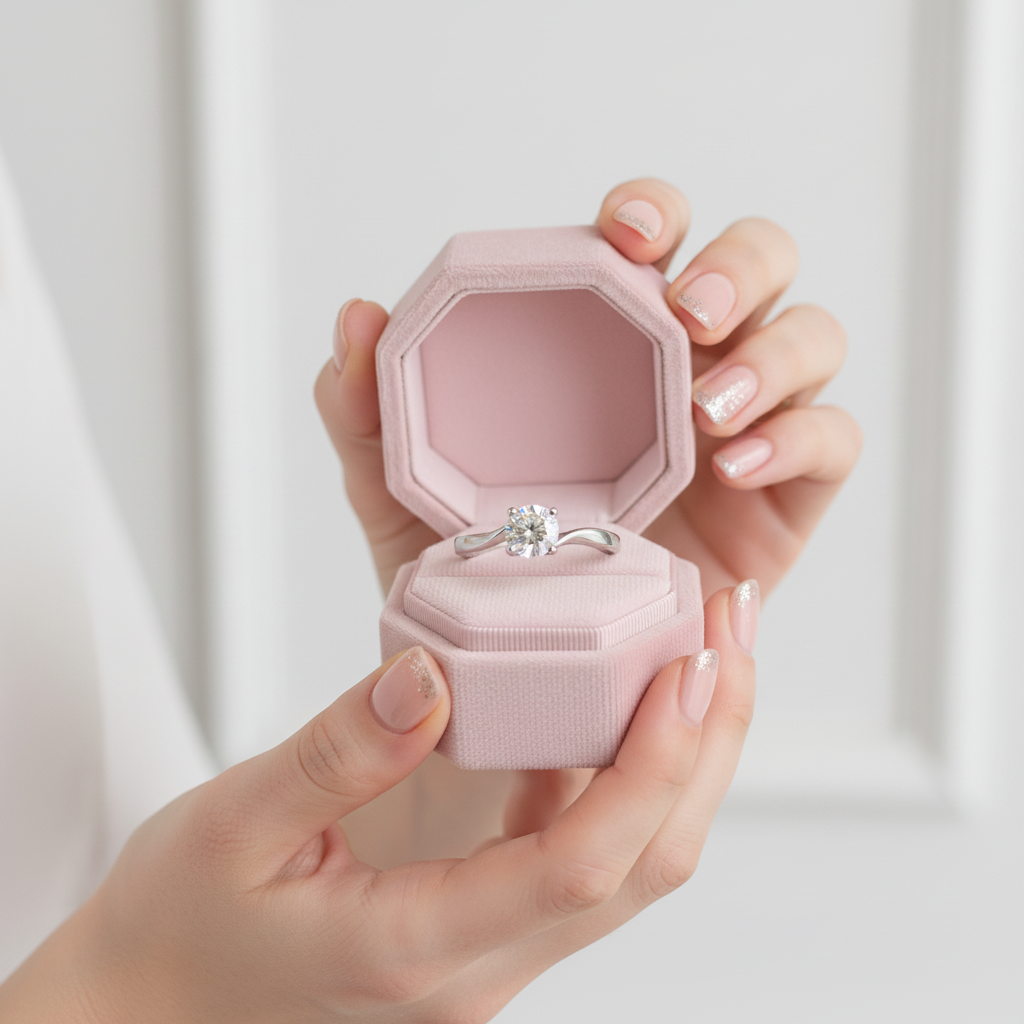 Hand holding a pink jewelry box with a silver ring inside on a light background