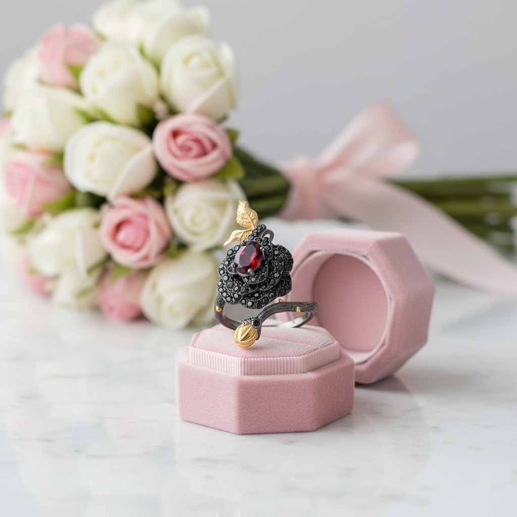 1Ct Garnet Rose Flower Rings-Black Diamonds New York