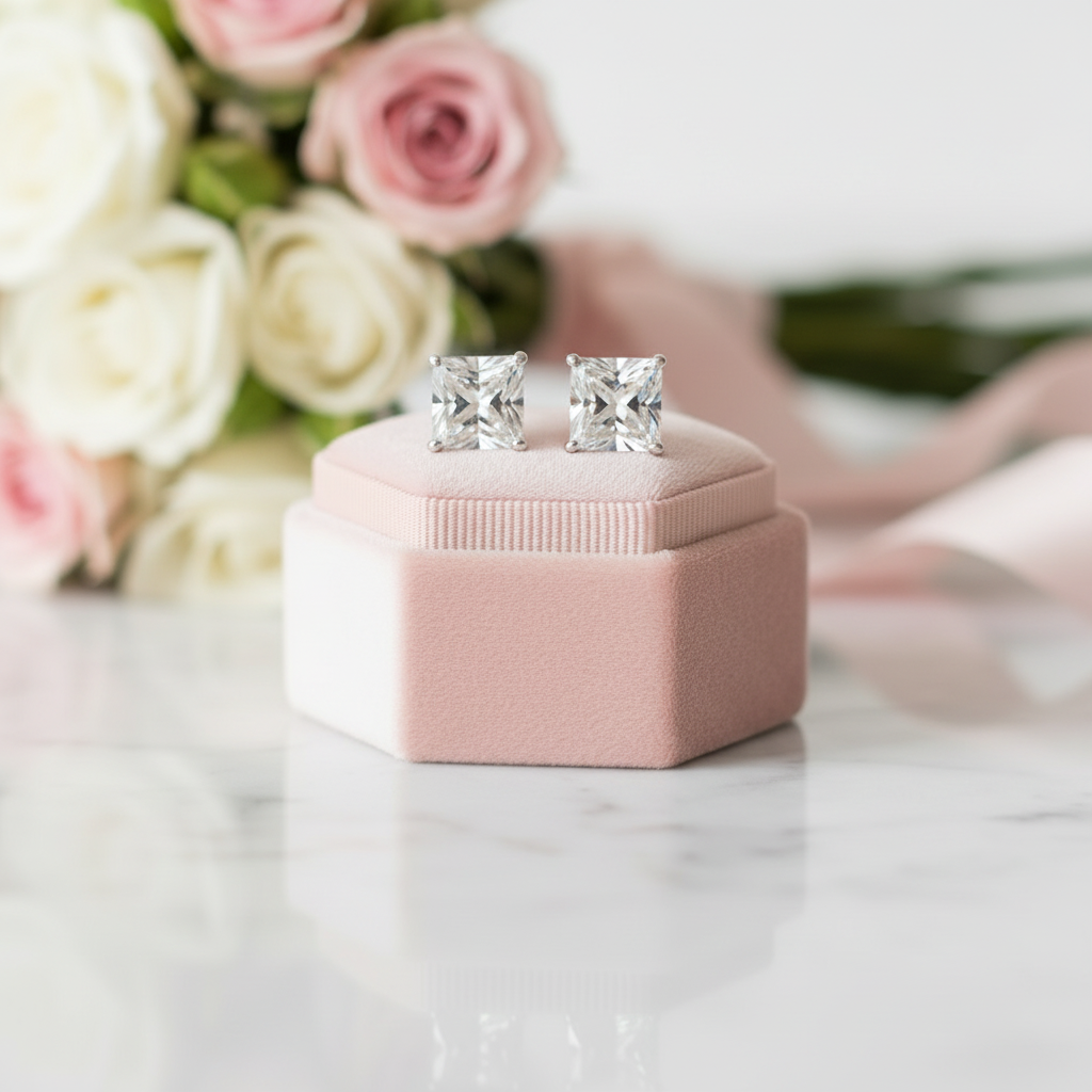A pair of square-cut clear stud earrings displayed on a small pink jewelry box, with blurred pink and white roses in the background on a light marble surface.