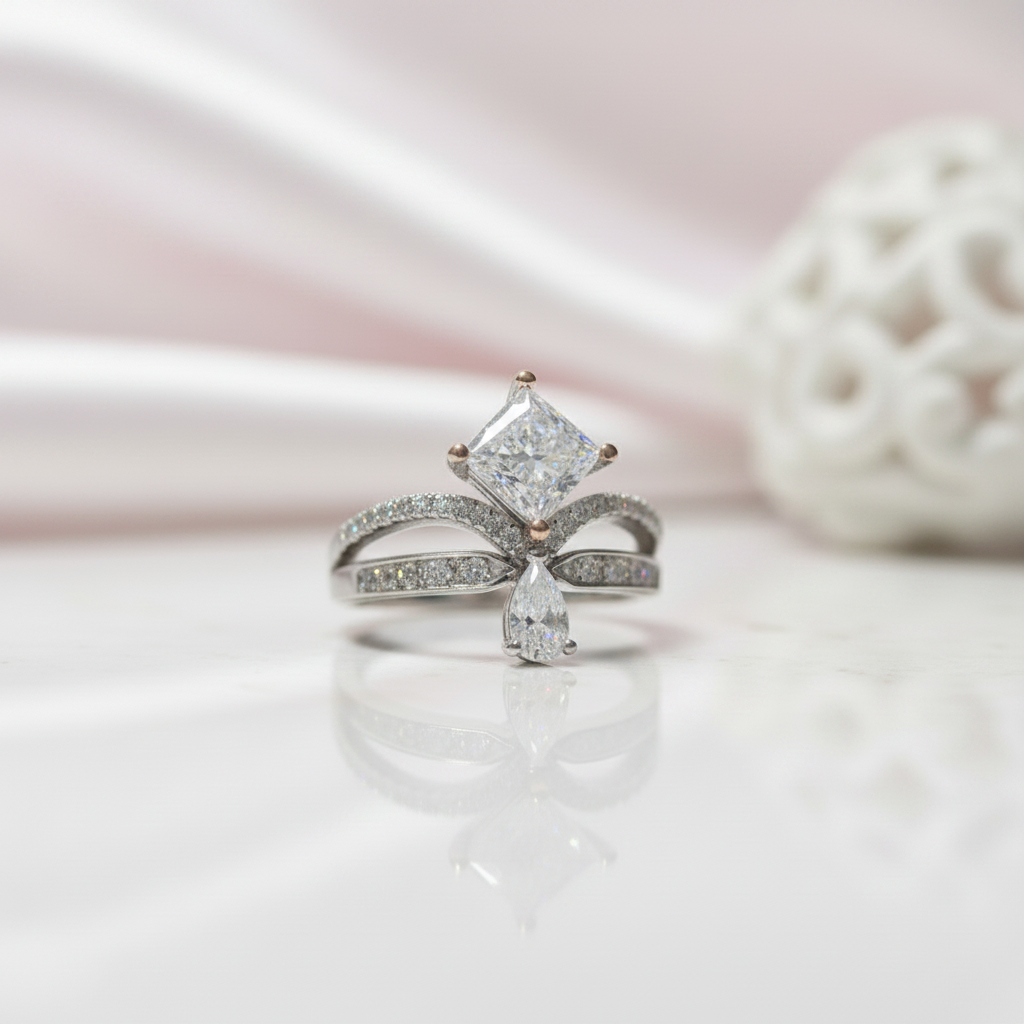 1ct Princess Cut Diamond Option Cute Water Drop Crown Engagement Ring-Black Diamonds New York