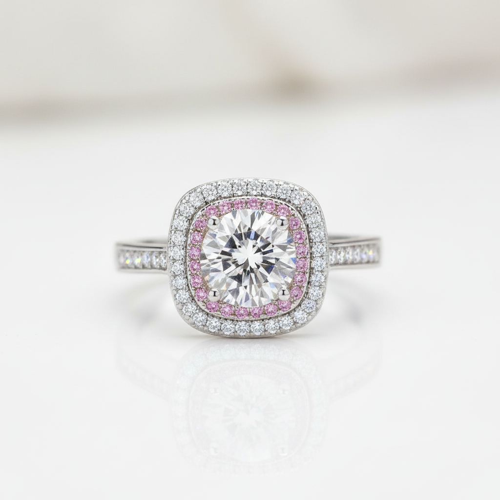1.0 Ct Round Cut Diamond Option Double Halo Engagement Ring-Black Diamonds New York