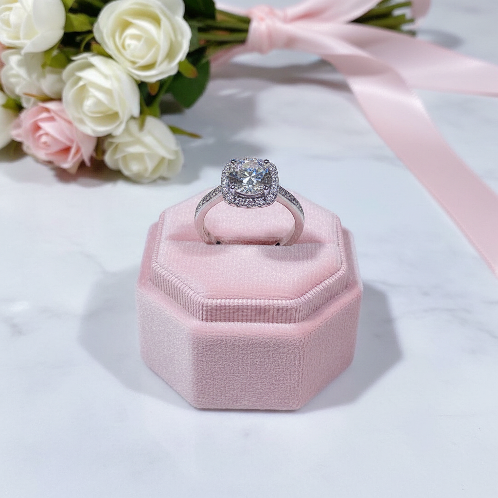 Silver ring with pink velvet box on a white surface with flowers in the background