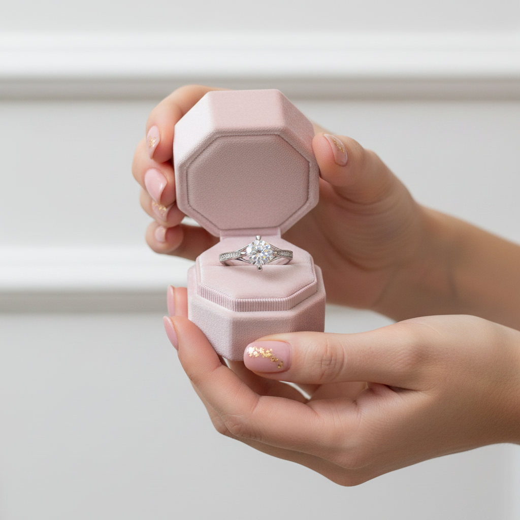 Hand holding a pink jewelry box with a diamond ring inside against a neutral background