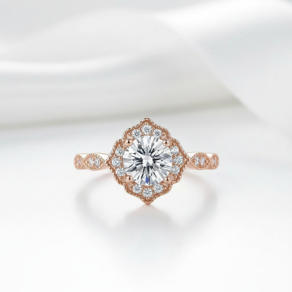 1ct Vintage Art Deco Flower Rose Gold Ring-Black Diamonds New York
