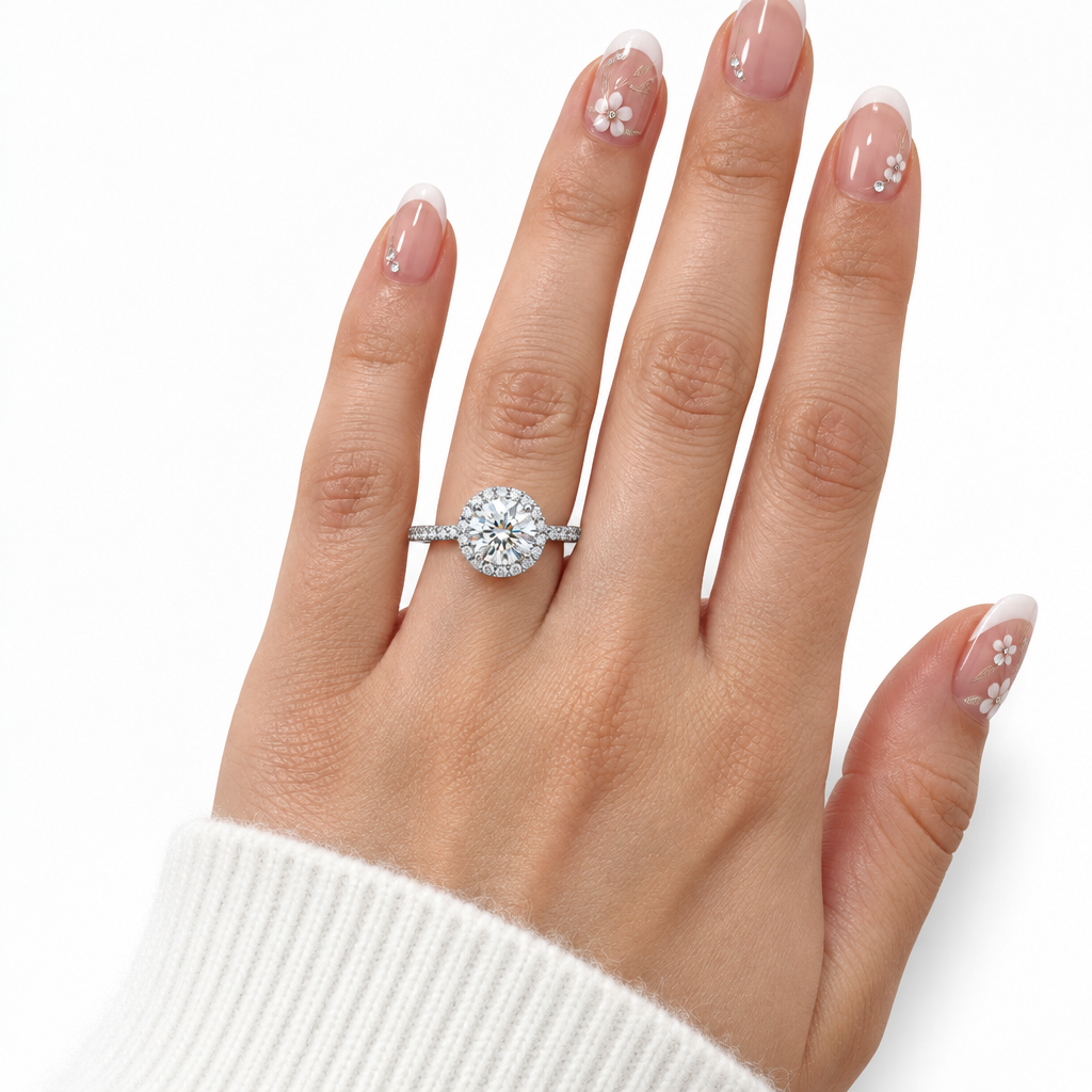 A close-up of a hand wearing a silver-toned halo ring with a round-cut center stone and smaller side stones, against a clean white background.